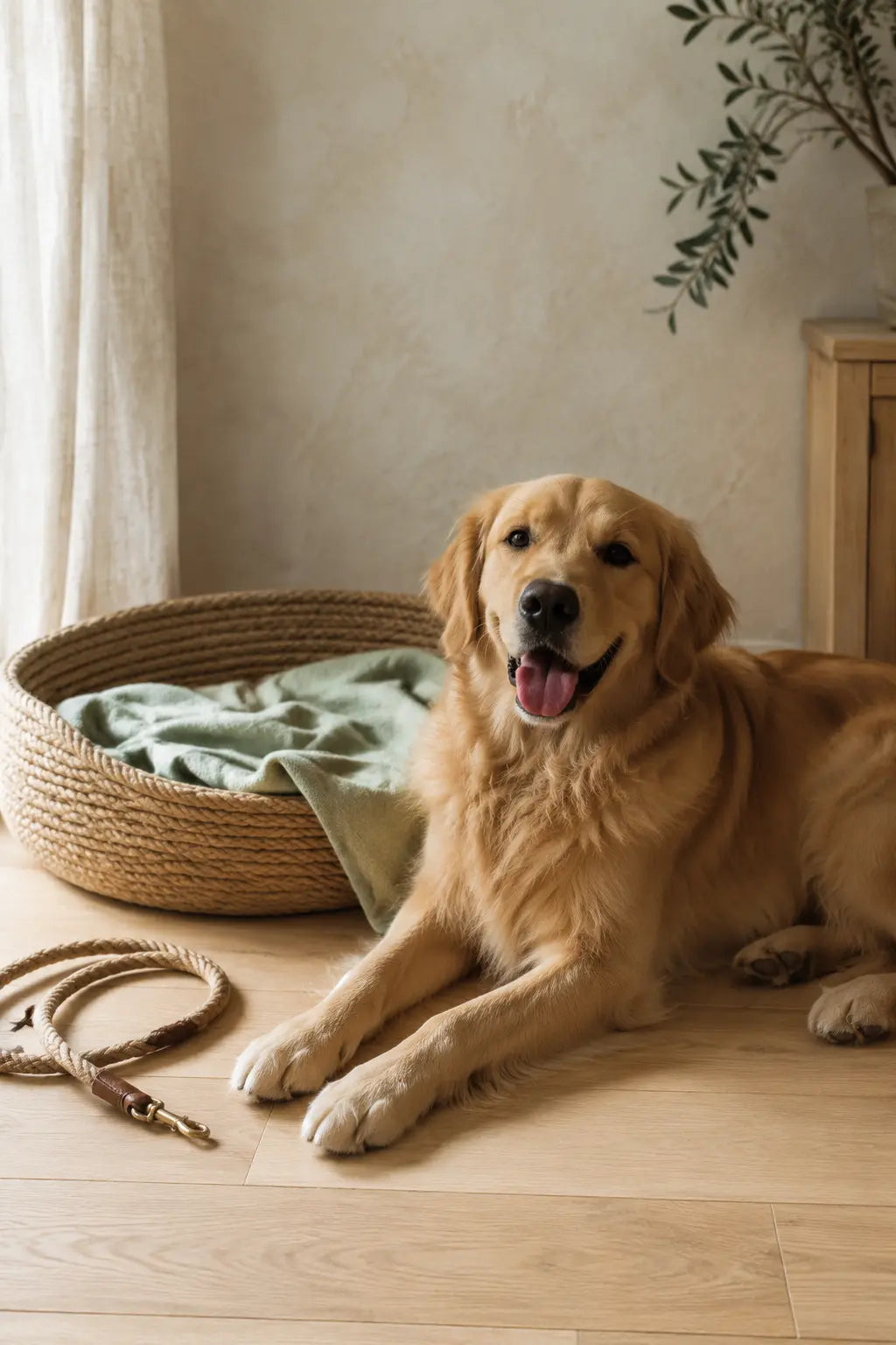 Golden retriever resting beside a woven pet bed