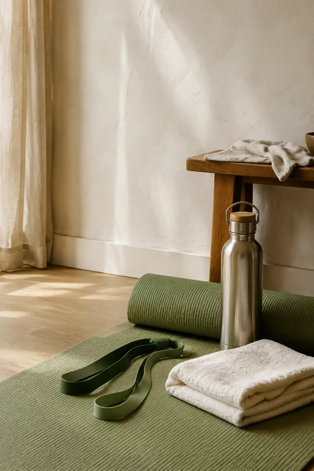 Exercise mat and fitness essentials in natural daylight