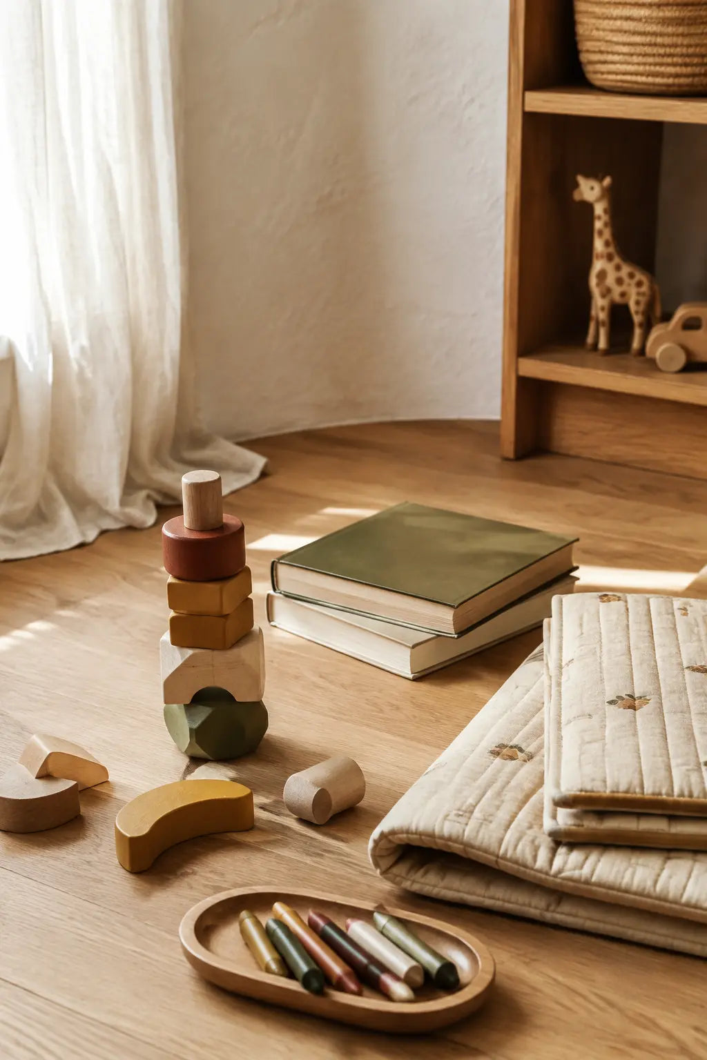 Wooden learning toys and picture books in a warm play space